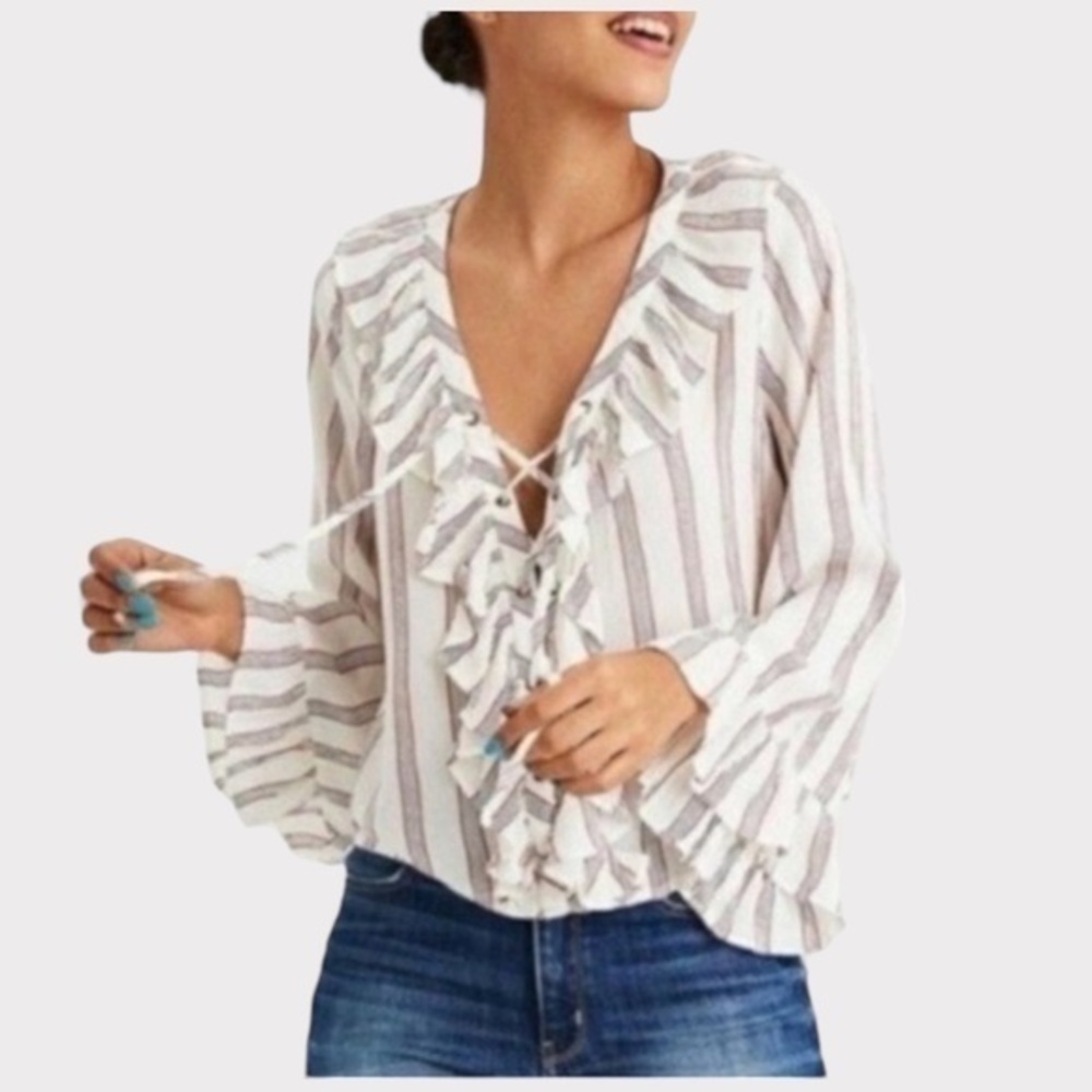 American Eagle Stripped Long Bell Sleeve‎ Front Lace Up Ruffle Boho Peasant Top